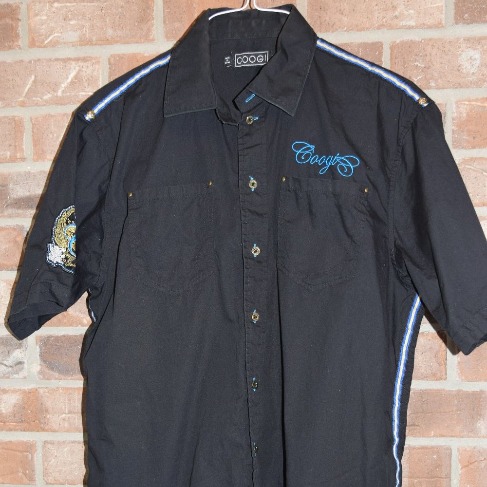 COOGI Mens Shirt L Large Button Down Black Embroidered 100% Cotton Short Sleeve